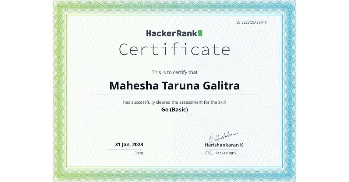 HackerRank certificate: Go (Basic)