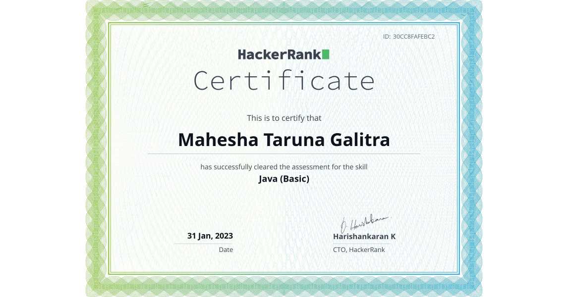 HackerRank certificate: Java (Basic)