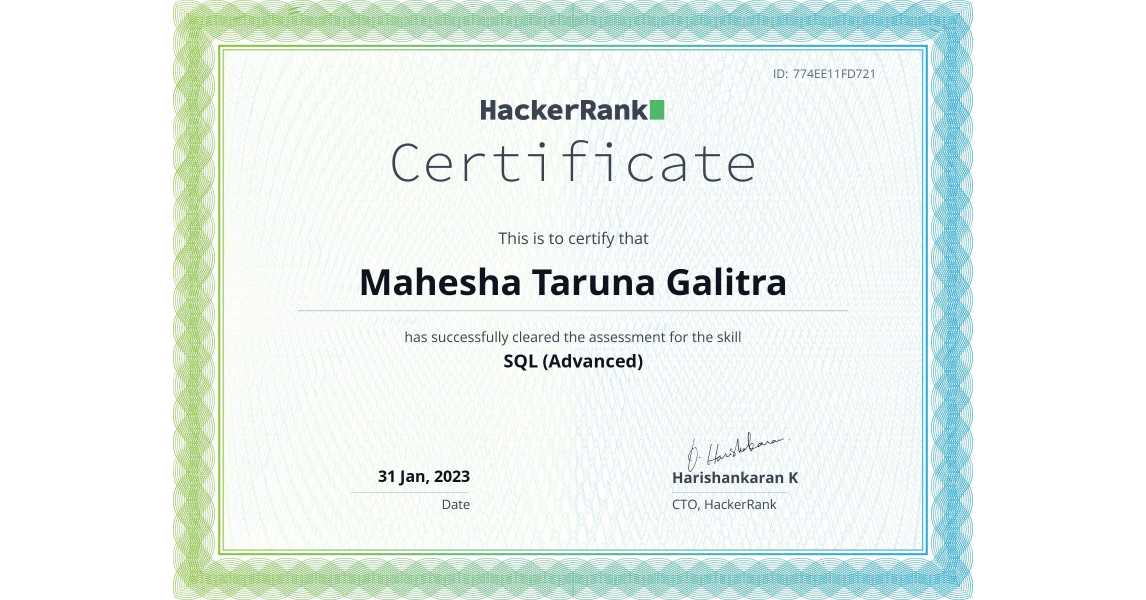HackerRank certificate: SQL (Advanced)